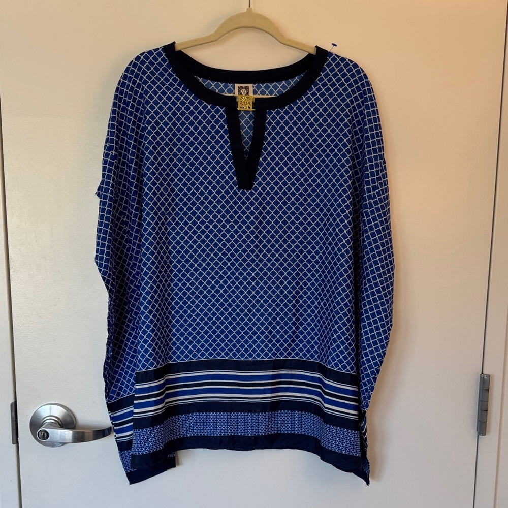 Anne Klein Blue and White Blouse with Gold Accent